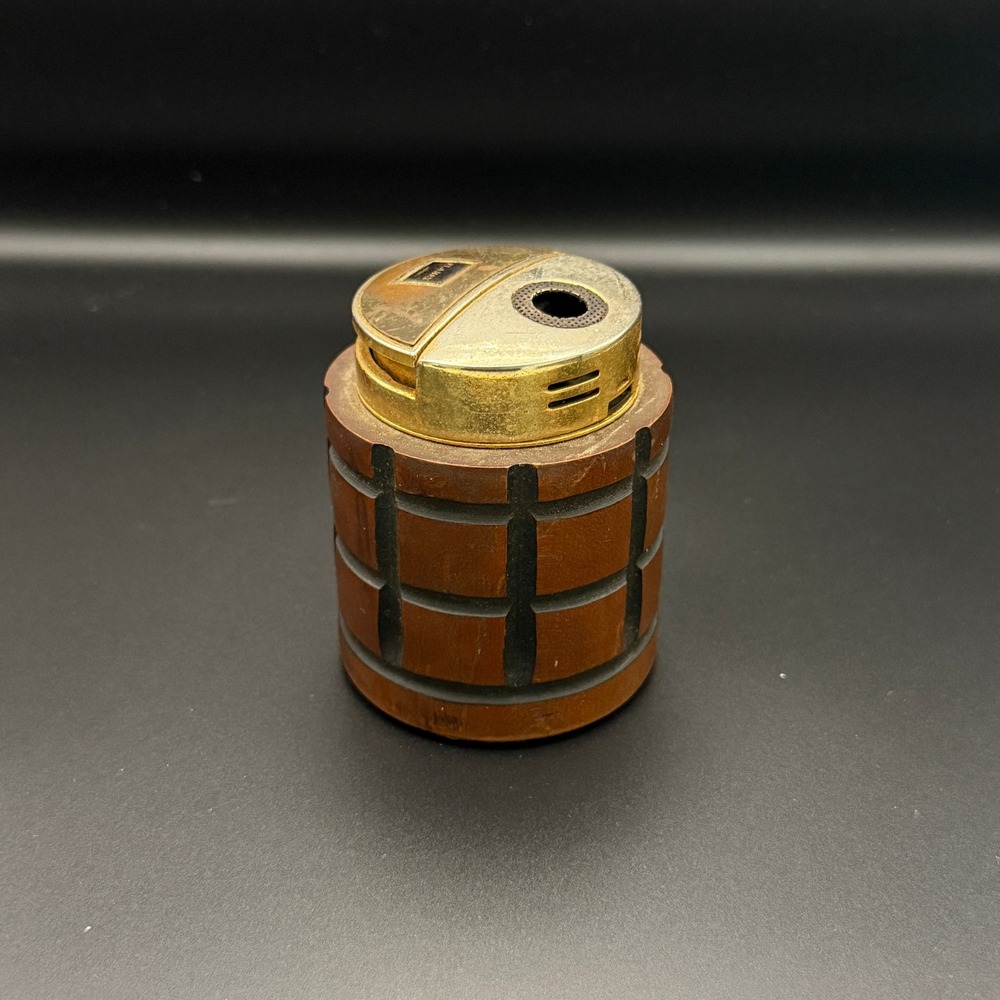 Vintage Flamex Japan Wood Barrel Table Lighter Mid Century Modern Gold Tone
